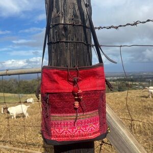 Boho Ethnic Chic Folk Indie Embroidered Red Woven leather Pom Pom crossbody